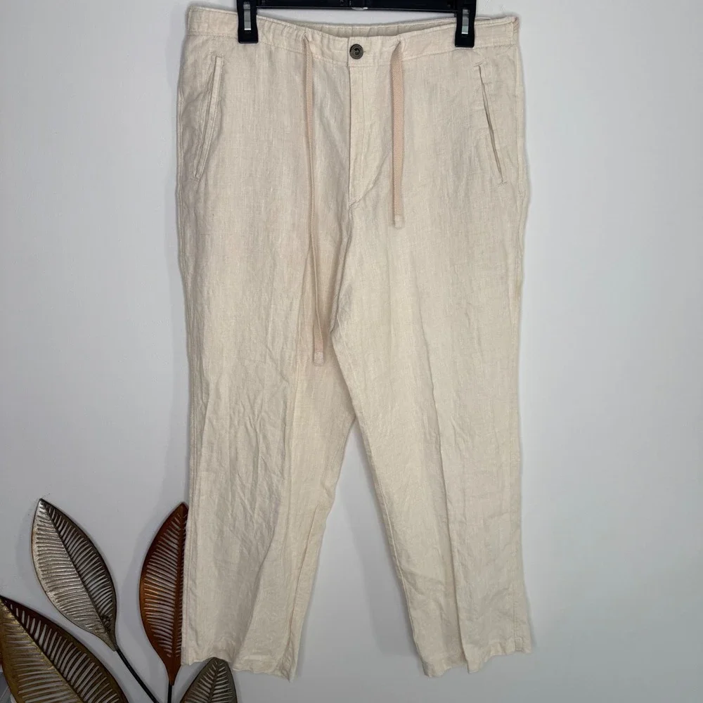 Tasso Elba Mens Linen Drawstring Pants Beige Oatmeal Casual Beach Trousers 34/30